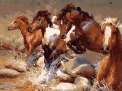 Лошади скачут через ручей
